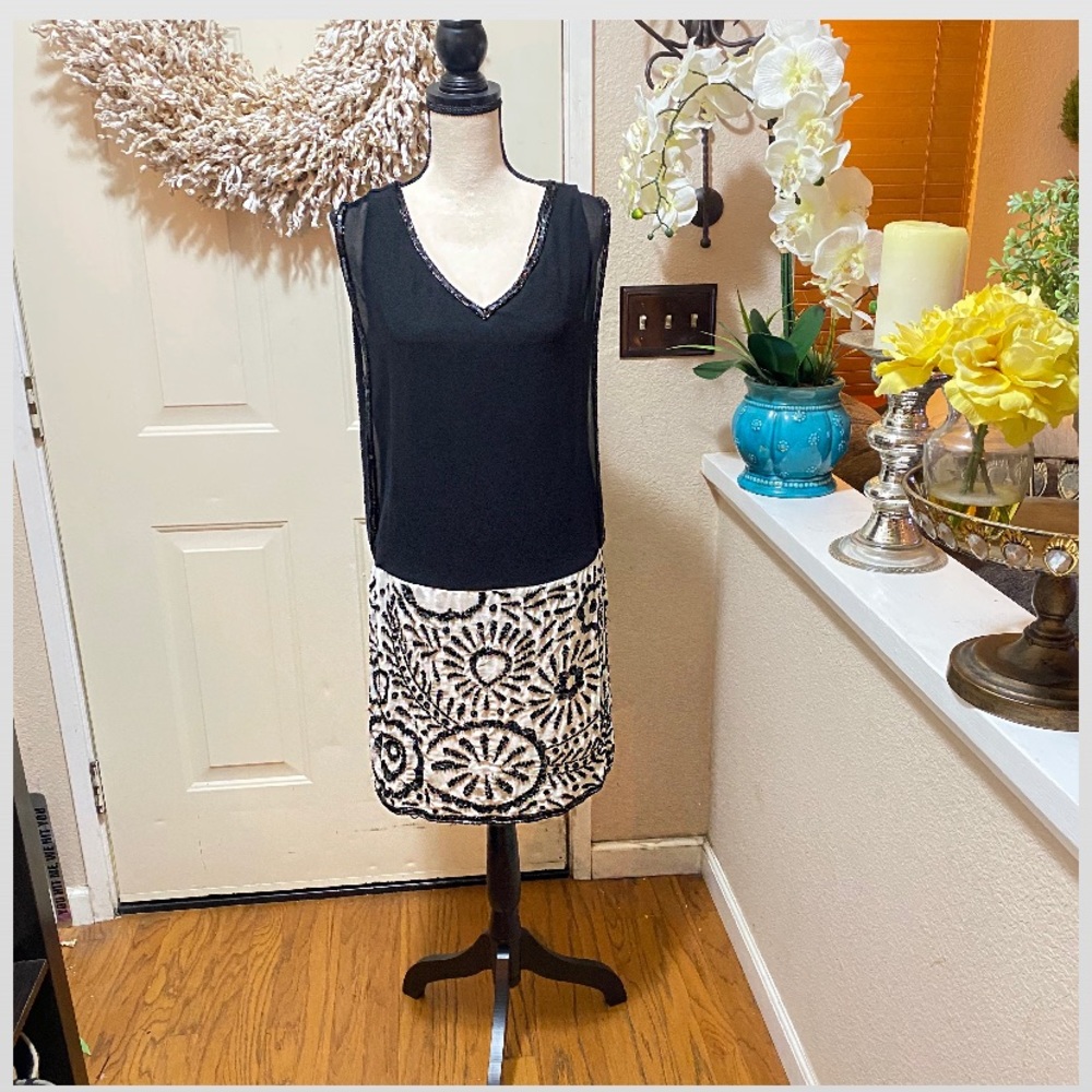 JK ARA Beaded Black&White Patterned Midi Dress